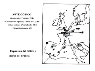 ARTE GÓTICO 
-Protogótico(2ªmitad s. XII) 
-Gótico clásico o pleno (1ªmitad del s. XIII) 
-Gótico radiante (2ªmitad del s. XIII) 
-Gótico flamígero (s. XV) 
Expansión del Gótico a 
partir de Francia  