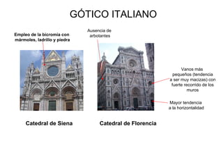 Catedral de Siena 
Catedral de Florencia 
Mayor tendencia 
a la horizontalidadVanos máspequeños (tendenciaa ser muy macizas) confuerte recorrido de losmuros 
Ausencia de 
arbotantesEmpleo de la bicromía conmármoles, ladrillo y piedra 
GÓTICO ITALIANO  