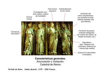 Características generales. 
Anunciación y Visitación. 
Catedral de ReimsGran fuerzaexpresiva 
Individualización 
de los rostros 
Liberación del 
marco arquitectónico 
(se convierte en bulto 
redondo adosado más 
que relieves) 
Formación de grupos. 
actitudes dialogantes 
(se vuelven los rostros, se 
dirigen los brazos, etc.) 
Gusto por lo secundario 
Y anecdótico 
Naturalismo 
(ejm.: Pliegues más 
profundos, anatomía se 
insinúa bajo vestido) ComienzosDel GóticoSonrisaarcaicaContrapposto, girode la cadera, rupturade frontalidad 
Portada de Reims. Jamba derecha. 1175 –1252 Francia.  
