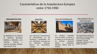 Características de la Arquitectura Europea
entre 1750-1900
ORNAMENTACIÓN
Se destacaba por la presencia
de elementos decorativos
detallados y elaborados, como
rosetones, molduras y
columnas decoradas. (Ejemplo:
Opéra Garnier, París)
SIMETRÍA:
Las estructuras arquitectónicas
se caracterizaban por ser
simétricas y equilibradas, con
una distribución armoniosa de
los elementos. (Ejemplo:
Palacio de Buckingham,
Londres)
USO DE MATERIALES
Se utilizaban materiales
como la piedra, el mármol y
la madera en la construcción
de edificios, aportando
solidez y durabilidad.
(Ejemplo: Palacio Real de
Madrid)
INFLUENCIA DE LA
NATURALEZA
Se incorporaban elementos
naturales en la arquitectura,
como motivos florales,
animales y formas
orgánicas. (Ejemplo: Casa
Batlló, Barcelona
 