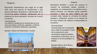 Neogótico
Movimiento arquitectónico que surgió en el siglo
XVIII como una reacción al neoclasicismo y que
retoma elementos decorativos y estructurales de la
arquitectura gótica medieval. Destacando por la
presencia de arcos apuntados, bóvedas de crucería
y pináculos.
Características:
Los edificios neogóticos se caracterizan por sus
arcos apuntados, pináculos, gárgolas y vidrieras,
creando un ambiente misterioso y grandioso.
Ejemplo: Palacio de Westminster, Londres
Utopista
Movimiento filosófico y social que propone la
creación de sociedades ideales, perfectas e
igualitarias, en contraposición a la realidad social y
política existente. Los utopistas suelen presentar
proyectos o ideas de cómo debería ser una
sociedad ideal, basada en principios de justicia,
igualdad y solidaridad, aunque en la mayoría de
los casos resulten ser utópicos e inalcanzables en
la práctica.
Características:
Caracterizado por la búsqueda
de un ideal de sociedad a través
de la arquitectura, este
movimiento proponía diseños
innovadores y futuristas, con un
enfoque en la funcionalidad y la
belleza.
Ejemplo: Palacio de la Música
Catalana, Barcelona
 