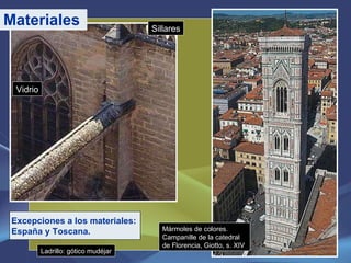 Materiales Sillares Vidrio Mármoles de colores. Campanille de la catedral de Florencia, Giotto, s. XIV Excepciones a los materiales:  España y Toscana. Ladrillo: gótico mudéjar 