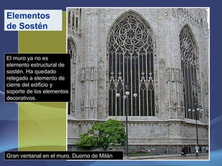El muro ya no es elemento estructural de sostén. Ha quedado relegado a elemento de cierre del edificio y soporte de los elementos decorativos. Gran ventanal en el muro. Duomo de Milán Elementos de Sostén 