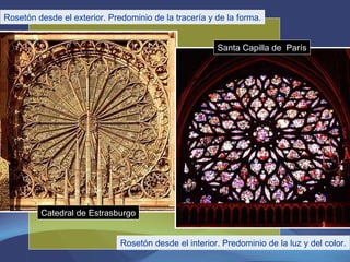 Rosetón desde el exterior. Predominio de la tracería y de la forma. Rosetón desde el interior. Predominio de la luz y del color. Catedral de Estrasburgo Santa Capilla de  París 