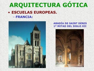 ARQUITECTURA GÓTICA ESCUELAS EUROPEAS. FRANCIA: ABADÍA DE SAINT DENIS 1ª MITAD DEL SIGLO XII 