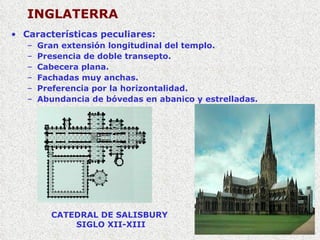 INGLATERRA Características peculiares: Gran extensión longitudinal del templo. Presencia de doble transepto. Cabecera plana. Fachadas muy anchas. Preferencia por la horizontalidad. Abundancia de bóvedas en abanico y estrelladas. CATEDRAL DE SALISBURY  SIGLO XII-XIII 