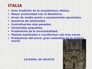 ITALIA Gran tradición de la arquitectura clásica. Mayor proximidad con el Románico. Arcos de medio punto o escasamente apuntados. Ausencia de arbotantes. Contrafuertes más pesados. Ventanales pequeños. Predominio de la horizontalidad. Plantas basilicales o cruciformes con tres naves. Predominio del muro: gran extensión de la pintura mural. CATEDRAL DE ORVIETO 