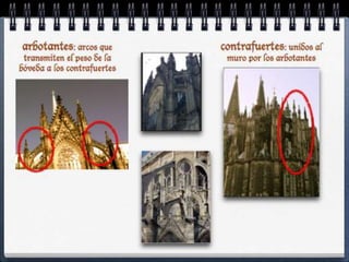 contrafuertes: unidos al
muro por los arbotantes
arbotantes: arcos que
transmiten el peso de la
bóveda a los contrafuertes