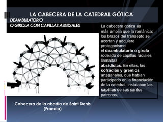 DEAMBULATORIO
OGIROLACONCAPILLASABSIDIALES
Cabecera de la abadía de Saint Denis
(Francia)
La cabecera gótica es
más amplia que la románica;
los brazos del transepto se
acortan y adquiere
protagonismo
el deambulatorio o girola
rodeado de capillas radiales
llamadas
absidiolas. En ellas, las
cofradías y gremios
artesanales, que habían
participado en la financiación
de la catedral, instalaban las
capillas de sus santos
patronos.
LA CABECERA DE LA CATEDRAL GÓTICA
 