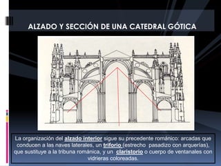 La organización del alzado interior sigue su precedente románico: arcadas que
conducen a las naves laterales, un triforio (estrecho pasadizo con arquerías),
que sustituye a la tribuna románica, y un claristorio o cuerpo de ventanales con
vidrieras coloreadas.
ALZADO Y SECCIÓN DE UNA CATEDRAL GÓTICA
 