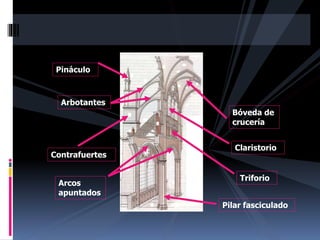 Bóveda de
crucería
Claristorio
Contrafuertes
Arbotantes
Pináculo
Triforio
Arcos
apuntados
Pilar fasciculado
 