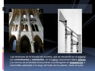 Las tensiones de la bóveda de crucería, que se resuelven en el exterior
con contrafuertes y arbotantes, en el interior descansan sobre pilares.
Los nervios de la bóveda acostumbran a prolongarse en baquetones o
columnillas adosadas a lo largo del fuste de los pilares, hasta el suelo.
 