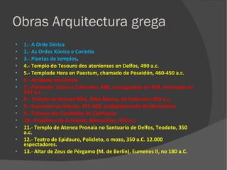 Obras Arquitectura grega 1.- A Orde Dórica 2.- As Ordes Xónica e Corintia 3.- Plantas de templos . 4.- Templo do Tesouro dos atenienses en Delfos, 490 a.c. 5.- Templode Hera en Paestum, chamado de Poseidón, 460-450 a.c. 6.- Acrópole ateniense. 7.- Partenón, Ictino e Calícrates, 480, consagarado en 438, rematado en 432 a.c. 8.- Templo de Atenea Niké, Niké Áptera, de Calícrates 429 a.c. 8.- Erecteion de Atenas, 421-408, probablemente de Menesicles 9.- Tribuna das Cariátides de Calímacos 10.- Propileos da Acrópole, Menesicles, 436 a.c. 11.- Templo de Atenea Pronaia no Santuario de Delfos, Teodoto, 350 a.c. 12.- Teatro de Epidauro, Policleto, o mozo, 350 a.C. 12.000 espectadores. 13.- Altar de Zeus de Pérgamo (M. de Berlín), Eumenes II, no 180 a.C. 