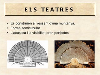 ELS TEATRES Es construïen al vessant d’una muntanya. Forma semicircular. L’acústica i la visibilitat eren perfectes. 