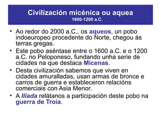 • Ao redor do 2000 a.C., os aqueos, un pobo
indoeuropeo procedente do Norte, chegou ás
terras gregas.
• Este pobo aséntase entre o 1600 a.C. e o 1200
a.C. no Peloponeso, fundando unha serie de
cidades na que destaca Micenas.
• Desta civilización sabemos que viven en
cidades amuralladas, usan armas de bronce e
carros de guerra e estableceron relacións
comerciais con Asia Menor.
• A Ilíada relátanos a participación deste pobo na
guerra de Troia.
Civilización micénica ou aquea
1600-1200 a.C.
 