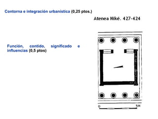 Contorna e integración urbanística (0,25 ptos.)
O templo de Atenea Niké áchase situado ao
carón dos Propileos, que dan acceso ao conxunto
de edificios sagrados que conforma a Acrópole.
Este complexo urbanístico relixioso álzase sobre
unha plataforma natural de 156 m de altitude que
domina a cidade de Atenas, o que demostra a
importancia que tiña.
Función, contido, significado e
influencias (0,5 ptos)
O templo de Atenea Nike ou Atenas
Vitoriosa era basicamente un altar de
acción de grazas dedicado a esta deusa
grega da sabedoría e da estratexia na
guerra, patroa da cidade de Atenas. A
construción fíxose para conmemorar a
vitoria de Atenea nas guerras Médicas.
As cerimonias relixiosas celebrábanse no
exterior do templo, mentres que no seu
interior se custodiaba a imaxe da
divinidade e do tesouro.
Influíu en moitos proxectos da
arquitectura Neoclásica (XVIII)
 