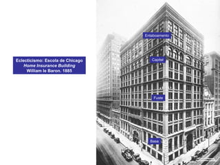 Eclecticismo: Escola de Chicago
Home Insurance Building
William le Baron. 1885
Basa
Fuste
Capitel
Entaboamento
 