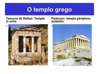 • Haga clic para modificar
el estilo de texto del
patrón
Segundo nivel
Tercer nivel
Cuarto nivel
Quinto nivel
• Haga clic para modificar
el estilo de texto del
patrón
Segundo nivel
Tercer nivel
Cuarto nivel
Quinto nivel
Tesouro de Delfos: Templo
in antis
Partenon: templo períptero,
octástilo
O templo grego
 