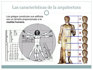 Las características de la arquitectura
Los griegos construían sus edificios
con un tamaño proporcionado a la
medida humana.
 