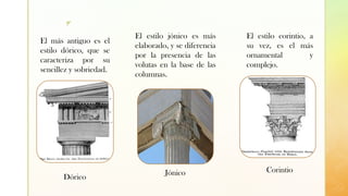 z
El más antiguo es el
estilo dórico, que se
caracteriza por su
sencillez y sobriedad.
El estilo jónico es más
elaborado, y se diferencia
por la presencia de las
volutas en la base de las
columnas.
El estilo corintio, a
su vez, es el más
ornamental y
complejo.
Dórico
Jónico Corintio
 