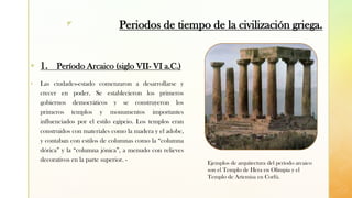 z
▪ 1. Período Arcaico (siglo VII- VI a.C.)
▪ Las ciudades-estado comenzaron a desarrollarse y
crecer en poder. Se establecieron los primeros
gobiernos democráticos y se construyeron los
primeros templos y monumentos importantes
influenciados por el estilo egipcio. Los templos eran
construidos con materiales como la madera y el adobe,
y contaban con estilos de columnas como la “columna
dórica” y la “columna jónica”, a menudo con relieves
decorativos en la parte superior. -
Periodos de tiempo de la civilización griega.
Ejemplos de arquitectura del período arcaico
son el Templo de Hera en Olimpia y el
Templo de Artemisa en Corfú.
 