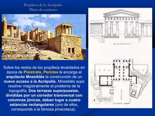 Propileos de la Acrópolis.
              Plano de conjunto.




Sobre los restos de los propíleos levantados en
 época de Pisístrato, Pericles le encarga al
 arquitecto Mnesiklés la construcción de un
nuevo acceso a la Acrópolis. Mnesiklés supo
  resolver magistralmente el problema de la
   topografía. Dos terrazas superpuestas,
 divididas por un corredor transversal con
  columnas jónicas, daban lugar a cuatro
    estancias rectangulares (uno de ellos,
     corresponde a la famosa pinacoteca).
 
