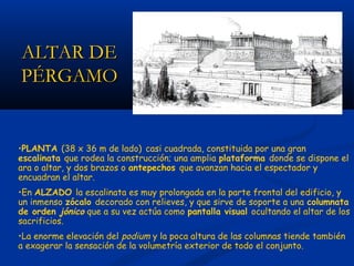 ALTAR DE
PÉRGAMO


•PLANTA (38 x 36 m de lado) casi cuadrada, constituida por una gran
escalinata que rodea la construcción; una amplia plataforma donde se dispone el
ara o altar, y dos brazos o antepechos que avanzan hacia el espectador y
encuadran el altar.
•En ALZADO la escalinata es muy prolongada en la parte frontal del edificio, y
un inmenso zócalo decorado con relieves, y que sirve de soporte a una columnata
de orden jónico que a su vez actúa como pantalla visual ocultando el altar de los
sacrificios.
•La enorme elevación del podium y la poca altura de las columnas tiende también
a exagerar la sensación de la volumetría exterior de todo el conjunto.
 