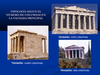 TIPOLOGÍA SEGÚN EL
NÚMERO DE COLUMNAS EN
 LA FACHADA PRINCIPAL




                                 Octástilo: ocho columnas




  Tetrástilo: cuatro columnas.

                                  Hexástilo: seis columnas.
 