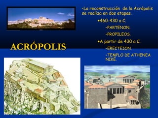 •La reconstrucción de la Acrópolis
            se realiza en dos etapas.
                   •460-430 a C.
                       –PARTENON.
                       –PROPILEOS.
                   •A partir de 430 a C.
ACRÓPOLIS              –ERECTEION.
                       –TEMPLO DE ATHENEA
                       NIKË.
 