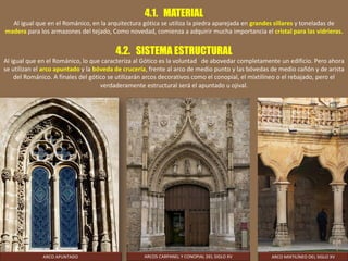 4.1. MATERIAL
Al igual que en el Románico, en la arquitectura gótica se utiliza la piedra aparejada en grandes sillares y toneladas de
madera para los armazones del tejado, Como novedad, comienza a adquirir mucha importancia el cristal para las vidrieras.
4.2. SISTEMA ESTRUCTURAL
Al igual que en el Románico, lo que caracteriza al Gótico es la voluntad de abovedar completamente un edificio. Pero ahora
se utilizan el arco apuntado y la bóveda de crucería, frente al arco de medio punto y las bóvedas de medio cañón y de arista
del Románico. A finales del gótico se utilizarán arcos decorativos como el conopial, el mixtilíneo o el rebajado, pero el
verdaderamente estructural será el apuntado u ojival.
ARCOS CARPANEL Y CONOPIAL DEL SIGLO XVARCO APUNTADO ARCO MIXTILÍNEO DEL SIGLO XV
 