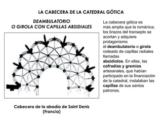 LA CABECERA DE LA CATEDRAL GÓTICA

        DEAMBULATORIO                  La cabecera gótica es
O GIROLA CON CAPILLAS ABSIDIALES       más amplia que la románica;
                                       los brazos del transepto se
                                       acortan y adquiere
                                       protagonismo
                                       el deambulatorio o girola
                                       rodeado de capillas radiales
                                       llamadas
                                       absidiolos. En ellas, las
                                       cofradías y gremios
                                       artesanales, que habían
                                       participado en la financiación
                                       de la catedral, instalaban las
                                       capillas de sus santos
                                       patronos.



Cabecera de la abadía de Saint Denis
             (Francia)
 