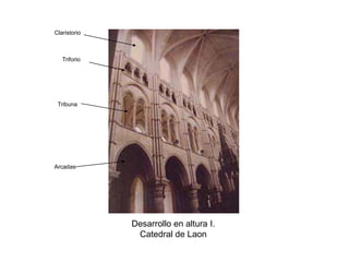 Claristorio



   Triforio




 Tribuna




Arcadas




              Desarrollo en altura I.
               Catedral de Laon
 