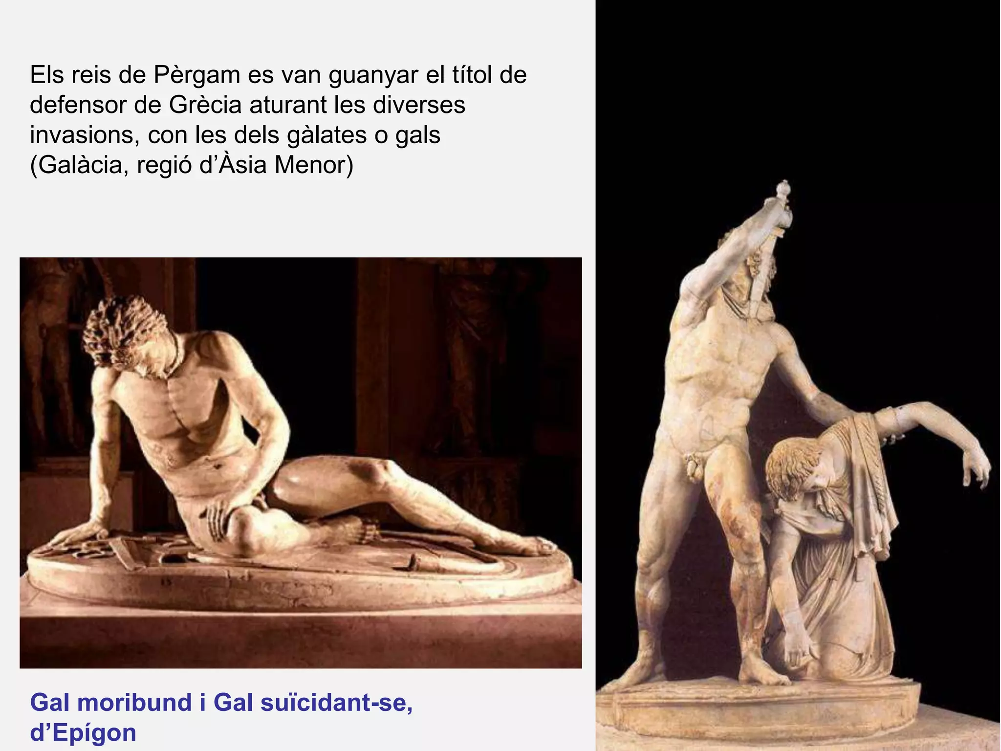 Gal moribund i Gal suïcidant-se,
d’Epígon
Els reis de Pèrgam es van guanyar el títol de
defensor de Grècia aturant les diverses
invasions, con les dels gàlates o gals
(Galàcia, regió d’Àsia Menor)
 