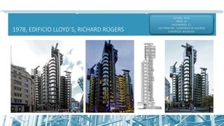 1978, EDIFICIO LLOYD´S, RICHARD ROGERS
ALTURA: 76 M
PISOS: 14
ASCENSORES: 12
USO PRINCIPAL: COMPAÑIAS DE SEGUROS
SUPERFICIE: 40.000 M2
 