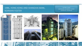 1986, HONG KONG AND SHANGHAI BANK,
NORMAN FOSTER
ALTURA: 179 M
MATERIALES: ALUMINIO Y VIDRIO
SUPERFICIE: 99.000 M2
 