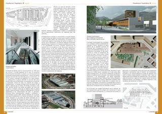 Arquitectura Hospitalaria ¢ especial
promateriales
40
Hospital General Universitario de Toledo
Álvaro Siza, con Antonio y Emilio Sánchez-Horneros
El Hospital General Universitario de Toledo, en el polígono de
Santa María de Benquerencia, estará listo en 2012. Sobre una
parcela rectangular ligeramente curvada, el conjunto de 364.000
metros cuadrados se desarrolla en diez edificios diferentes. La
solución propuesta pretende, de un lado, agrupar alrededor del
paciente las actividades de diagnóstico y tratamiento, evitándole
largos desplazamientos y reduciendo interferencias de
circulación y, por otro, generar un espacio flexible, responsable
con el medio y sostenible, donde predominen la luz natural,
el color y la vegetación. La forma del conjunto nace como
respuesta al planteamiento programático, con contrapunto de
prismas rectos y formas cilíndricas, alrededor de un gran trazo
curvo que sirve de distribuidor principal. El acceso principal se
abre en una plaza de relación con el barrio, un nuevo espacio
urbano que conecta el exterior con la
calle, desde donde se establece una
gradación volumétrica –escalamiento-
hacia las calles perimetrales, adoptando
una escala más cercana al espectador. Se
producen dos contrapuntos verticales,
uno mediante un prisma recto, el hotel
de pacientes (edificio F), y otro mediante
un cilindro másico, los laboratorios
(C), que se relacionan por proximidad
con sendos edificios de componente
horizontal, administración (A) y urgencias
(D). Los grandes espacios vacíos son los
verdaderos elementos de integración de
los volúmenes en el complejo. El hospital
adopta aspectos multifacéticos que
personalizan y enfatizan los diferentes
servicios, respondiendo en todo momento
a cada una de las áreas que circundan
los espacios: al barrio con una plaza y
el bloque de administración (A); a la vía
de circunvalación con una sucesión de
escorzos (hospitalización – F, con cinco
plantas); a la calle de acceso Norte con
una gran fachada ligeramente curvada y
transparente, las consultas (B); y finalmente, elementos aislados
que se difuminan en el área vacante. La organización de los
servicios permite una dispersión de flujos circulatorios, que
contribuye a mitigar el efecto de masificación, ayudado por
una relación constante con el exterior, para que el paciente
y el visitante perciban un espacio confortable y familiar. El
orden, la escala, proporciones y tamaños humanizan esta gran
instalación.
La calle central distribuye visitantes entre las áreas más
frecuentes: consultas y gabinetes de exploración, que
configuran un bloque de diagnóstico y tratamiento (B y G). Las
diversas alternativas a la hospitalización tradicional -hospital de
día (G), unidades de corta estancia (E)…-, son accesibles desde
esta calle central, mientras que desde el exterior también son
accesibles los tratamientos y análisis periódicos y continuados:
oncología, rehabilitación, extracciones, diálisis, etc., excepto
las urgencias, que generan su propia accesibilidad y relaciones
(D). La calle hospitalaria reduce su volumen con un sistema de
lucernario, que derrama la luz y protege mediante un fondo
opaco del soleamiento, y su curvatura reduce la distancia del
observador, generando un espacio de escala contenida. El
edificio presenta una gran permeabilidad en la planta baja, y
la organización de los usos a lo largo de la calle presenta un
gradiente de presión, con la administración en un extremo (A)
y los servicios centrales, quirúrgicos y de exploración en el otro
extremo (D). En cuanto al tráfico rodado, se reservan zonas de
aparcamiento en lugares de demanda inmediata: urgencias,
UCMA, oncología y rehabilitación, aproximando así los medios
mecánicos de transporte a los puntos de acceso, y se ubican
los aparcamientos públicos en tres plantas subterráneas. El
viario subterráneo da servicio también a los servicios propios
del hospital. La calle principal, con sus cuatro niveles, incorpora
además espacios de carácter público (servicios de información,
hosteleros, comerciales, de ocio, etc.), actuando como centro de
reunión y encuentro, y paralelo a él se desarrolla otro sistema
viario en el que se establece la diferenciación entre circulación
de pacientes, personal y servicios. La red de comunicaciones
horizontales se completa con viarios perpendiculares,
diferenciados según su función, en ascensores para visitas y
familiares, montacamas, ascensores de personal, montacargas
de limpio, de sucio y de robots: un sistema de transporte de
cargas y materiales (lencería, comidas, productos de farmacia,
etc.) que circularán por pasillos de distribución automatizada.
El proyecto presenta una organización lineal con áreas
públicas, administrativas, y de investigación y docencia
en el extremo Este desde la gran plaza de acceso general.
Se continúa a través de la vía hospitalaria en áreas de
consulta externa, áreas de tratamiento, hotel de pacientes,
rehabilitación, diálisis, bloque oncológico y hospital de día.
Paralelamente y en orientación Sur, se ubican los cinco bloques
de hospitalización. Y como fondo de la vía hospitalaria se
diseña un patio ajardinado alrededor del cual se emplazan
las urgencias, bloques quirúrgicos, diagnóstico por imagen,
cuidados especiales, laboratorios, cafetería y mortuorio. Cada
uno de los sectores es capaz de adaptarse a las necesidades
del Programa sin que ello afecte a las relaciones funcionales
del conjunto. El programa detalla la misión y características
de las áreas funcionales, las relaciones jerarquizadas entre
unas y otras y una estimación de la superficie necesaria. Para
garantizar la flexibilidad necesaria, se diferencian con claridad
las partes “duras” del edificio, que se mantendrán estables
a lo largo de los años (estructuras, cerramientos, redes de
comunicación horizontal y vertical, sistemas principales
de servicios, centrales y subcentrales de instalaciones y
aprovisionamiento), y las partes “blandas”, las que pueden ser
modificadas a lo largo del proyecto y de la vida del edificio.
El ajardinamiento se ha considerado de vital importancia,
y se divide en dos niveles: intensivo, en contacto con el
edificio y accesos, con predominio de gravas, aromáticas
y césped; y otro extensivo, con masa arbolada y arbustiva.
La elección de las especies se ha realizado considerando
aspectos climatológicos, de mantenimiento, cromáticos y
compositivos.
Infografía
del
Atrio
Infografía
Fotografía de la maqueta
 