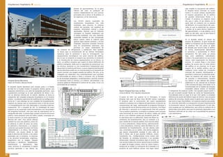 Arquitectura Hospitalaria ¢ especial
promateriales
42
Arquitectura Hospitalaria ¢ especial
Hospital de Burgos
Inglada Arévalo Arquitectos
El Hospital de Burgos, con 210.000 metros
cuadrados –incluyendo aparcamientos
Norte y Sur- se construye sobre una
parcela de 175.500 metros cuadrados.
El diseño busca ser flexible y dinámico,
con gran protagonismo del confort,
tanto en el estudio de las circulaciones
como en la calidad de los espacios. La
topografía y la orientación Sur del solar
llevó a establecer la construcción en la
parte central, creando una plataforma
escalonada alargada según la orientación
Este-Oeste, perfilada por una red viaria
perimetral que permite la creación de
zonas de vegetación y ajardinamiento
que reduzcan el impacto de la edificación
en el terreno. El punto de partida de
la estética es el paisaje de campos
labrados, que se traslada al hospital en
forma de vigas flotantes paralelas, unas
de otras a 7,20 metros, que recorren el
complejo de Este a Oeste actuando como
cubierta del edificio. Sobre esta cubierta
permeable sobresalen los edificios
más altos, en los que se engloban las
áreas de hospitalización y oficinas. El
acceso principal se realiza mediante una
gran plaza mayor acristalada, en la zona Noroeste del solar,
conteniendo la cafetería, tiendas, salón de actos, etc. Este
espacio más público es el punto de partida de las calles de acceso
a las distintas zonas del hospital. La zona de hospitalización
se desarrolla en cinco bloques de 4 a 6 alturas, perforados por
patios interiores que aportan iluminación, ventilación y confort.
La distancia entre los bloques (28,80 metros) produce una mayor
sensación de ligereza, y facilita el asoleamiento y la intimidad.
La tipología utilizada para las unidades de hospitalización es la
de doble corredor con habitaciones situadas al Este y al Oeste
en su gran mayoría. Las habitaciones situadas al Sur permiten
contemplar la visión de la ciudad, mientras las situadas al Norte
tienen como fondo el bosque de árboles. La galería Norte que
conecta estos volúmenes facilita el acceso de familiares, mientras
la galería Sur se destina a circulación interna, comunicando con
las zonas de tratamiento y diagnóstico del bloque técnico. Éste,
en la zona Sur y cerca de los accesos, se configura a base de
bloques alargados separados por zonas ajardinadas, de manera
que sus usos sean fácilmente intercambiables sin modificar la
arquitectura. La zona de administración se configura como un
edificio independiente que, situado junto al vestíbulo principal,
se eleva verticalmente desde el núcleo de circulaciones
configurando un hito visual que identifique el hospital desde el
entorno lejano. El edificio industrial, que contiene los servicios
de limpieza, almacén, hostelería, instalaciones y mantenimiento,
se encuentra en el extremo Sureste.
El acceso del público al edificio se produce por el lado Suroeste
mediante un gran atrio cubierto de cristal, que surge como
continuación de una plaza exterior, la ‘Plaza Mayor’ del hospital,
bien conectada por accesos y aparcamientos públicos. Desde
este punto surgen dos grandes galerías (calles) de circulación
tanto para público como para personal. La situada en la parte
Norte tiene un carácter eminentemente público sin restricciones
de movimiento, mientras que la situada hacia el Sur es de uso
restringido para personal y pacientes hospitalizados. Las áreas
comunes para la atención al ciudadano se disponen a lo largo del
eje Norte de uso público, como una gran galería que atraviesa
el hospital desde el extremo Suroeste al Noreste, y da servicio
además al área de asistencia ambulatoria y hospitalización.
La gran galería es un espacio continuo entendido como una
calle flexible que se adapta a las distintas zonas a las que
da servicio. En la zona más próxima a la entrada dispone de
zonas de descanso, comercial y núcleos de conexión vertical
(ascensores y escaleras). A la entrada de cada pieza existe un
control de acceso y punto de información, así como una zona
de espera. La galería Sur
con doble circulación,
(ambulatoria /de personal)
por un lado sirve como
arteria principal para el
uso interno del hospital
y, por otro, da servicio a
las visitas que se dirigen
al bloque técnico. Su uso
de carácter restringido
articula no sólo funcional,
sino geométricamente, la
totalidad del edificio. En
el bloque técnico, todos
los módulos de consultas
externas se agrupan en
dos plantas en las cinco
primeras piezas, a las
que se da acceso desde la
galería Norte. Gracias a su
ubicación y conexión con
el gran hall del edificio, se
hace posible un acceso rápido y directo a las consultas. Los
módulos se sitúan en alas paralelas entre patios y conectadas con
una doble circulación en ambos extremos, la Norte de pacientes
y la Sur de personal. Las esperas se sitúan en cabeza de forma
que la circulación interior de cada módulo sea ya controlada
y de personal, evitando así realizar una doble circulación por
módulo que provoca dejar las consultas sin luz y ventilación
natural. Así, las circulaciones funcionan como un doble peine,
uno de pacientes ambulantes que distribuye Norte-Sur y otro
de personal que distribuye en sentido contrario. En ambos se
sitúan núcleos de circulación vertical situados estratégicamente
y, en el caso de la circulación ambulatoria, se ha previsto una
circulación rápida con escaleras en conexión con el vestíbulo
principal. Los accesos a urgencias se realizan segregados, uno
para ambulancias y otro para pacientes a pie. Las circulaciones
que van por los pasillos longitudinales de Sur a Norte, atraviesan
los distintos recintos que responden al programa funcional.
Estas piezas son fácilmente intercambiables entre sí, dado que
sus dimensiones y características físicas son similares, de forma
que puede seleccionarse el modo de agrupación de los espacios
y la seriación en el proceso de tratamiento del paciente de un
proceso urgente.
Planta Acceso y Fotografía de la Maqueta
Esquema de distribución de las zonas
Proceso
de
construcción
Foto:
Inglada
Arévalo
 