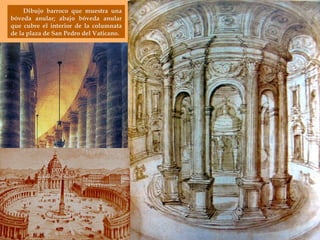Dibujo barroco que muestra una bóveda anular; abajo bóveda anular que cubre el interior de la columnata de la plaza de San Pedro del Vaticano. 