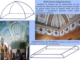 BÓVEDAS ESQUIFADAS También se forman por la intersección de dos bóvedas de cañón pero los paños que surgen en lugar de apoyar sobre arcos se apoyan sobre una base cuadrada o rectangular; presenta cuatro paños triangulares esféricos.  ESQUIFADA con PLAFÓN:  Cuando se corta cerca de los arranques y va cerrada por un techo plano. 