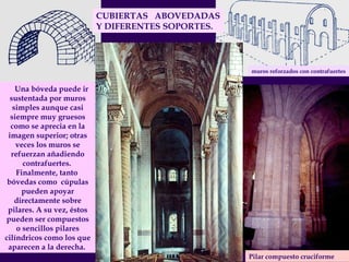 Pilar compuesto cruciforme  CUBIERTAS ABOVEDADAS Y DIFERENTES SOPORTES. muros reforzados con contrafuertes  Una bóveda puede ir sustentada por muros simples aunque casi siempre muy gruesos como se aprecia en la imagen superior; otras veces los muros se refuerzan añadiendo contrafuertes.  Finalmente, tanto  bóvedas como  cúpulas pueden apoyar directamente sobre pilares. A su vez, éstos pueden ser compuestos o sencillos pilares cilíndricos como los que aparecen a la derecha.  