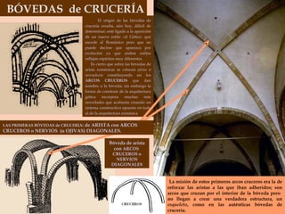 BÓVEDAS  de CRUCERÍA  El origen de las bóvedas de crucería resulta, aún hoy, difícil de determinar; está ligado a la aparición de un nuevo estilo –el Gótico- que sucede al Románico pero que no puede decirse que aparezca por evolución ya que ambos estilos reflejan espíritus muy diferentes. Es cierto que sobre las bóvedas de arista románicas se colocan  ojivas  o  nervaduras  constituyendo así los  ARCOS CRUCEROS  que dan nombre a la bóveda; sin embargo la forma de construir de la arquitectura gótica incorpora muchas más novedades que acabarán creando un sistema constructivo opuesto en todo al de la arquitectura románica.  LAS PRIMERAS BÓVEDAS de CRUCERÍA : de ARISTA con ARCOS CRUCEROS o NERVIOS  (u OJIVAS) DIAGONALES. La misión de estos primeros arcos cruceros era la de reforzar las aristas a las que iban adheridos; son arcos que cruzan por el interior de la bóveda pero  no llegan a crear una verdadera estructura, un  esqueleto , como en las auténticas bóvedas de crucería. Bóveda de arista con  ARCOS  CRUCEROS o NERVIOS DIAGONALES 