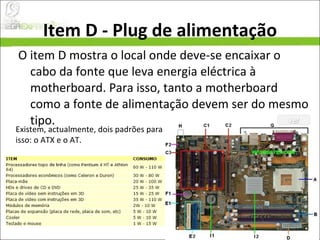 Item D - Plug de alimentação O item D mostra o local onde deve-se encaixar o cabo da fonte que leva energia eléctrica à motherboard. Para isso, tanto a motherboard como a fonte de alimentação devem ser do mesmo tipo. Existem, actualmente, dois padrões para isso: o ATX e o AT. 