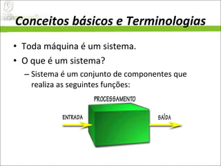 Conceitos básicos e Terminologias Toda máquina é um sistema.  O que é um sistema?  Sistema é um conjunto de componentes que realiza as seguintes funções:  