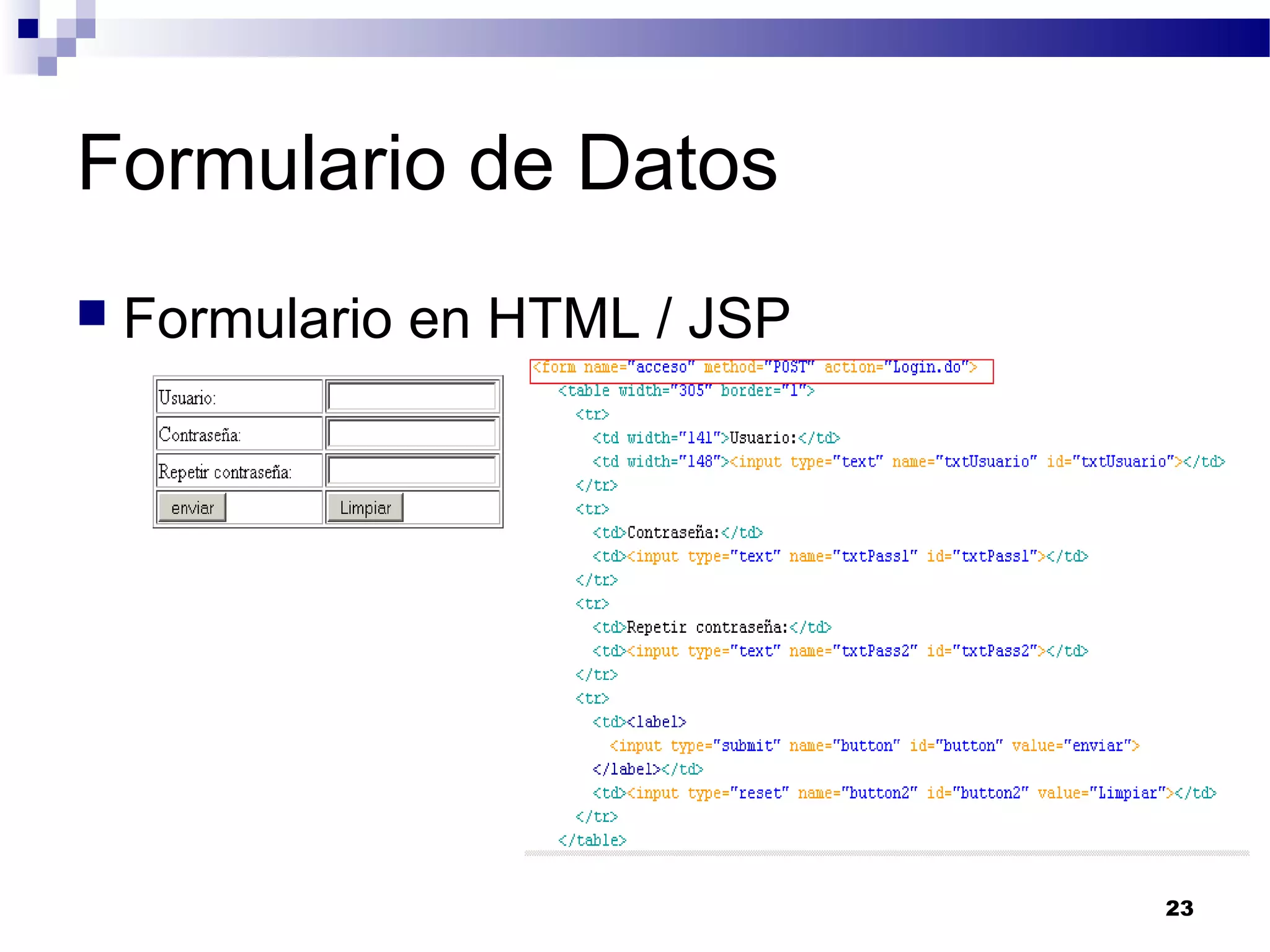 Formulario de Datos
 Formulario en HTML / JSP
23
 