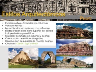 Estilos Arquitectónicos
•
•
•
•
•
•
•
•

Puertas múltiples formadas por columnas
Vanos estrechos .
Los acabados son mejores y muy refinados
La decoración en la parte superior del edificio
incluye diseños geométricos
Máscaras de Chaac en esquinas y puertas
Construcción de edificios alargados
Construcción de palacios de muchos cuartos.
Ciudades: Kabáh, Sayil y Uxmal

Puuc:

Sayil

Kabáh

Uxmal

Kabáh

Kabáh

 