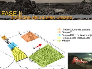 FASE I

FASE II

Edificios del núcleo urbano

Templo XII, o de la calavera
Templo XI
Templo XIII, o de la reina roja
Templo de las Inscripciones
Palacio
N

 