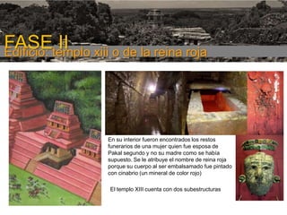 FASE I

FASEtemplo xiii o de la reina roja
II
Edificio:

En su interior fueron encontrados los restos
funerarios de una mujer quien fue esposa de
Pakal segundo y no su madre como se había
supuesto. Se le atribuye el nombre de reina roja
porque su cuerpo al ser embalsamado fue pintado
con cinabrio (un mineral de color rojo)
El templo XIII cuenta con dos subestructuras

 