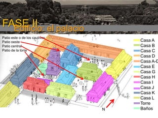 FASE I

FASE II el palacio
Edificio:
Patio este o de los cautivos
Patio oeste
Patio central
Patio de la torre

N

Casa A
Casa B
Casa C
Casa D
Casa A-D
Casa E
Casa G
Casa H
Casa I
Casa J
Casa K
Casa L
Torre
Baños

 