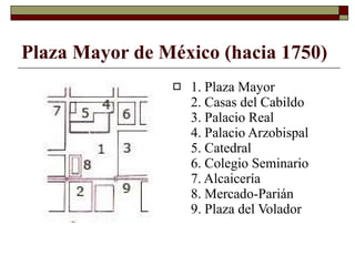 Plaza Mayor de México (hacia 1750)   1. Plaza Mayor 2. Casas del Cabildo 3. Palacio Real 4. Palacio Arzobispal 5. Catedral 6. Colegio Seminario 7. Alcaicería 8. Mercado-Parián 9. Plaza del Volador 