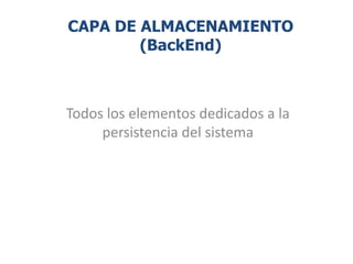 CAPA DE ALMACENAMIENTO
        (BackEnd)



Todos los elementos dedicados a la
     persistencia del sistema
 